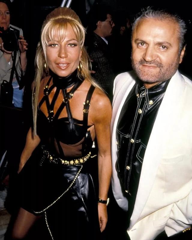 Donatella Versace with the late Gianni Versace at an event, showcasing their iconic fashion partnership.