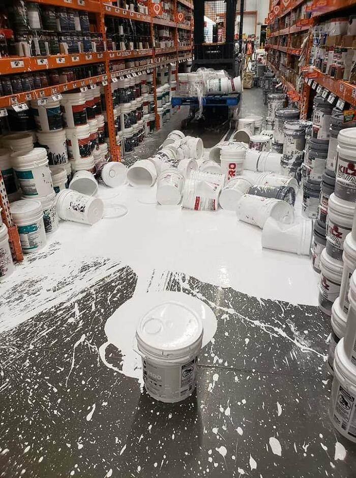 Buckets of Paint Fell Off a Pallet Being Lifted